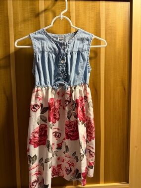 SHEIN Light Blue Denim-Style Top with Pink Rose Print Skirt